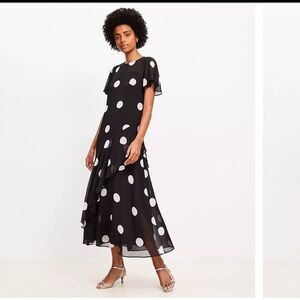Loft NWT Dotted Flounce  White Polka Dot Maxi Dress size 4.